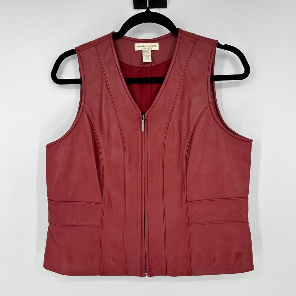 VTG Valerie Stevens Red 100% Leather Zip Up Vest Moto Motorcycle Fall Boho M